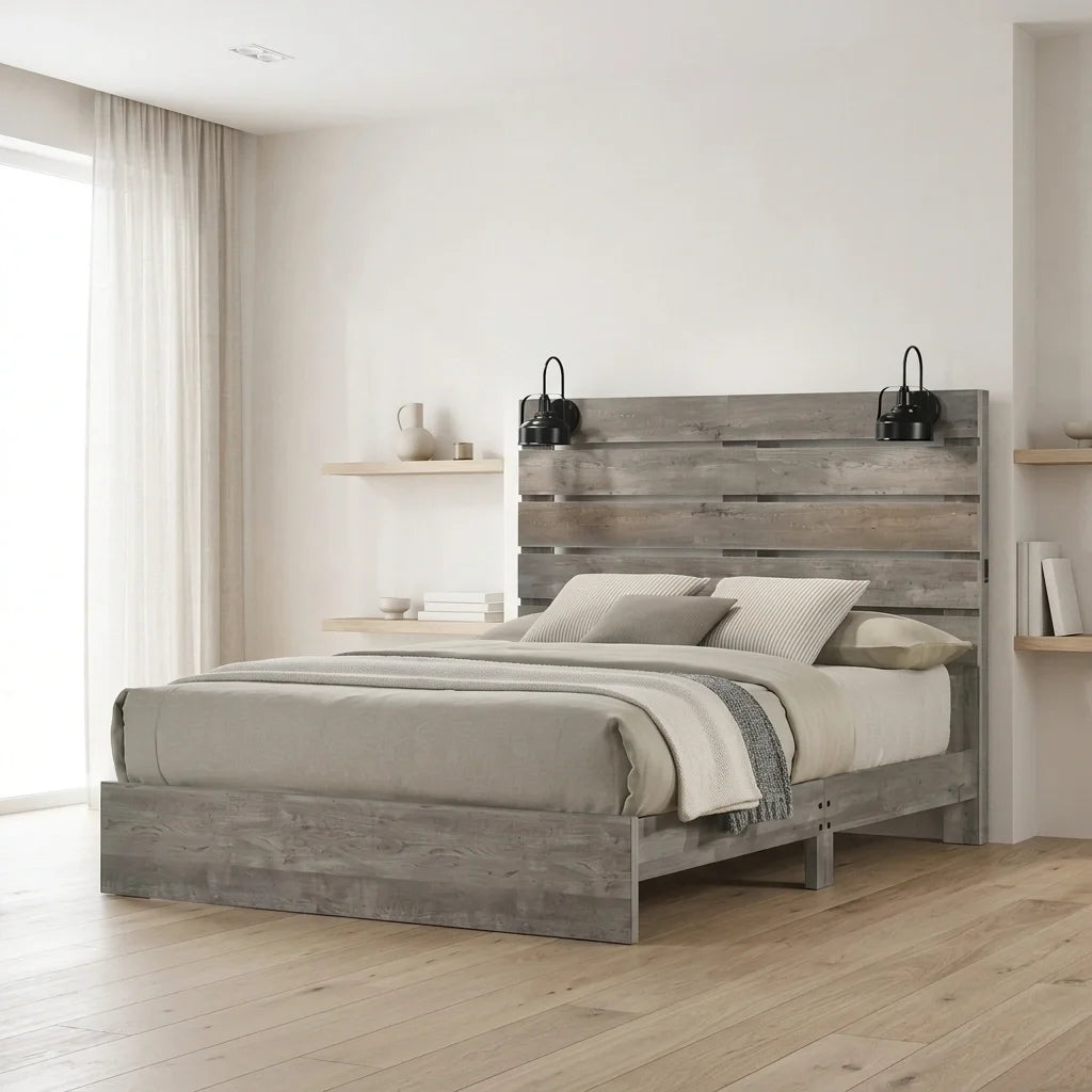 Rustic grey wood full bedroom set featuring a slat headboard bed, nightstand, 5-drawer chest, and 6-drawer dresser with mirror.