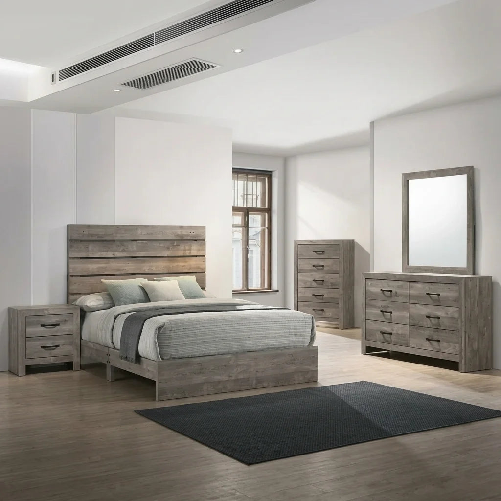 Rustic grey wooden panel platform bed frame with integrated headboard sconce lights in a bright bedroom setting.