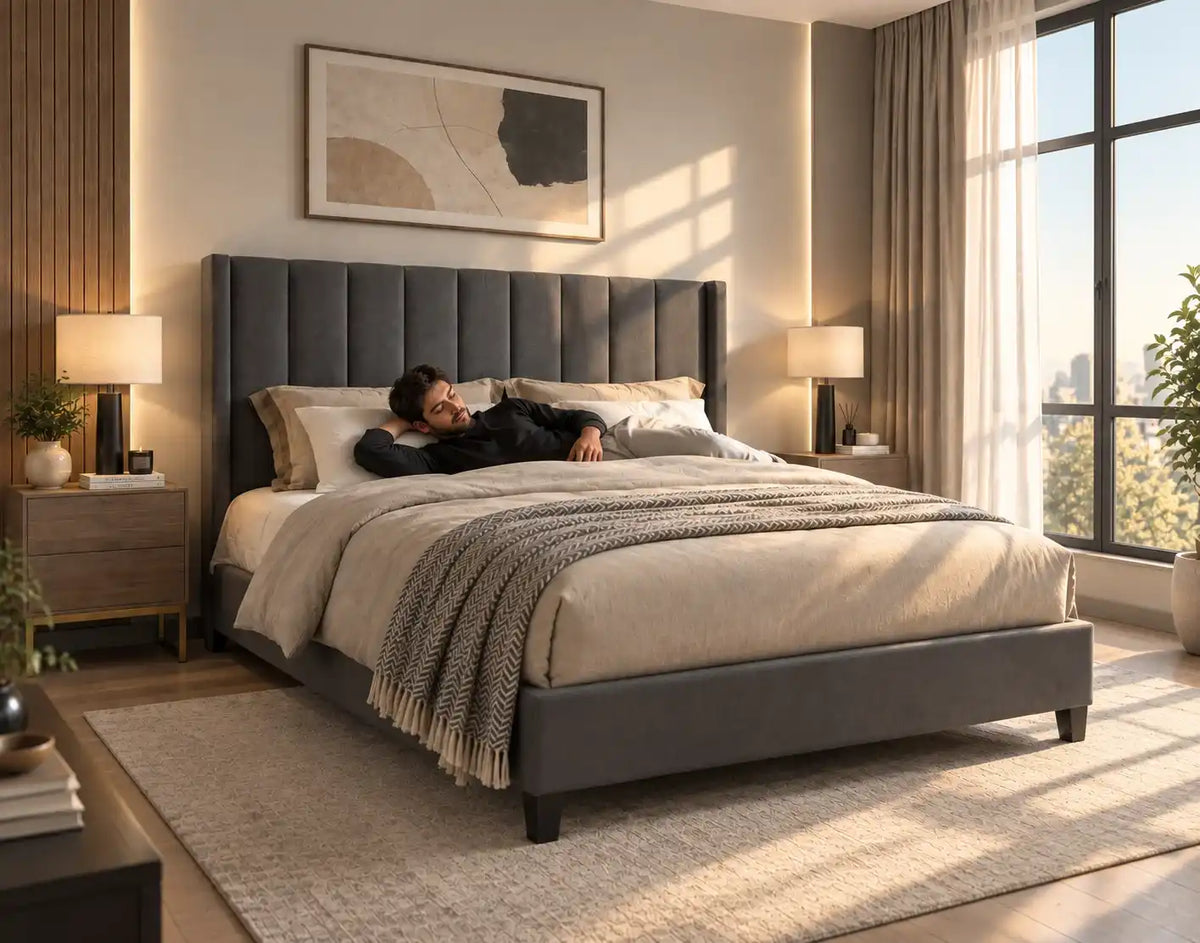 T2190 grey velvet platform bed in bedroom