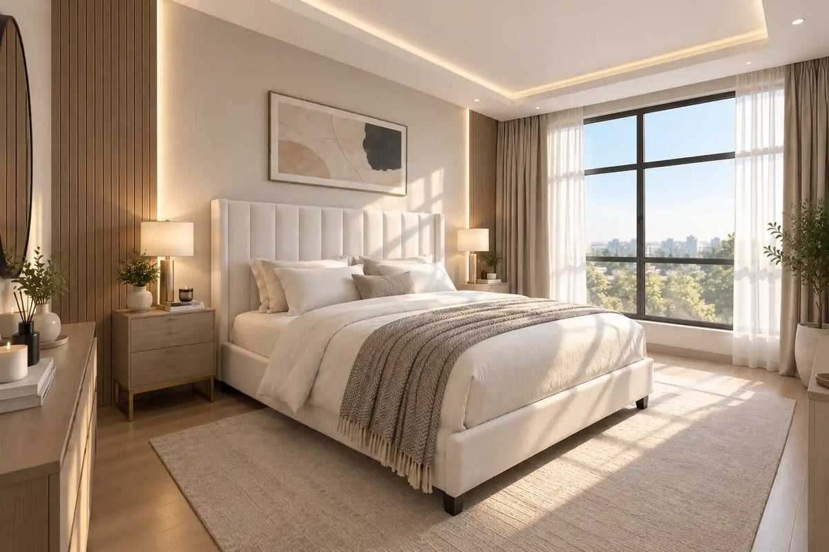 T2190 white velvet panel bed in bedroom