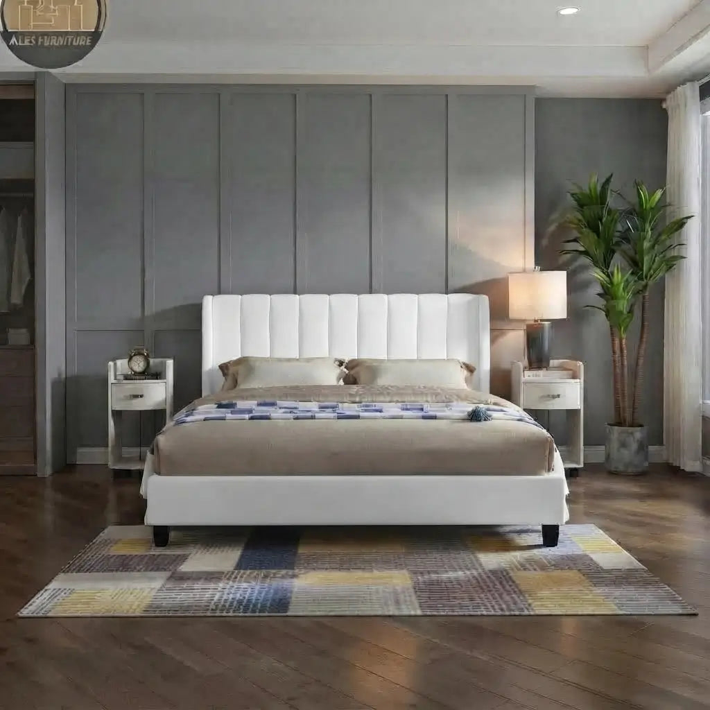 White vertical channel tufted velvet panel bed frame in modern bedroom setup