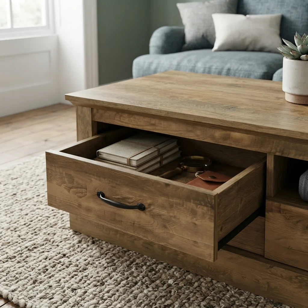 Transitional dark brown oak coffee table with two storage drawers and an open bottom shelf, offering practical storage and a fashionable centerpiece for the living room.