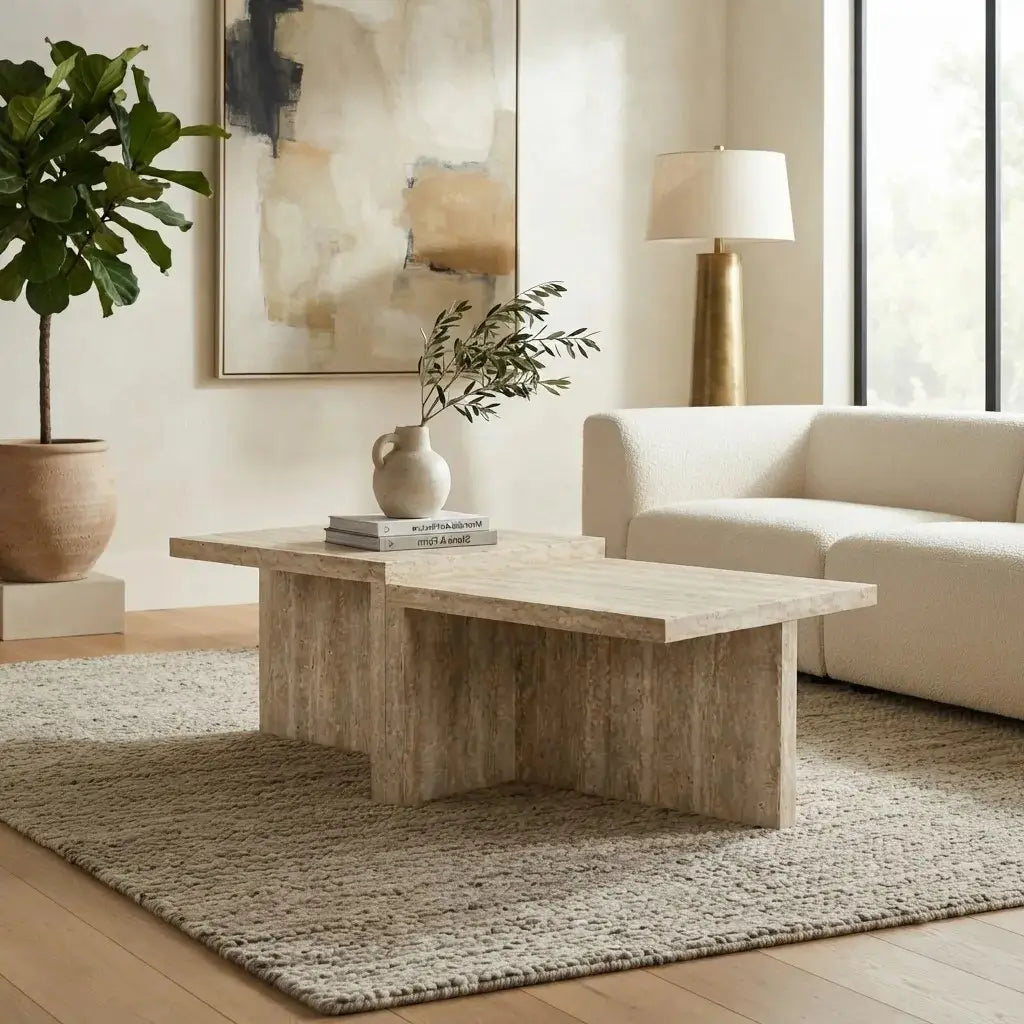A modern rectangular coffee table with a light beige stone or concrete top and blocky legs, styled in a bright living room next to a cream sofa and a textured rug.