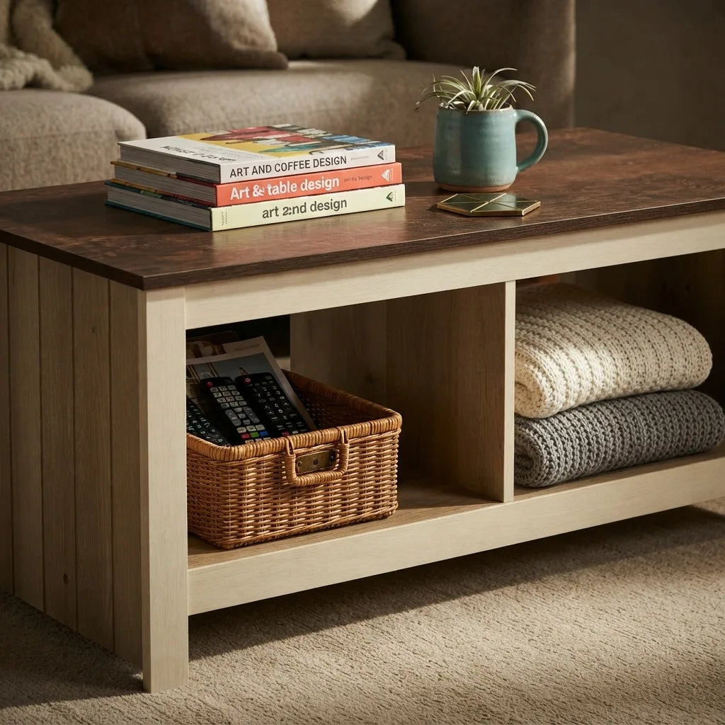 Two-tone oak coffee table with two spacious bottom storage cubbies for books, baskets, gaming consoles, and decorative items while keeping the living room organized.