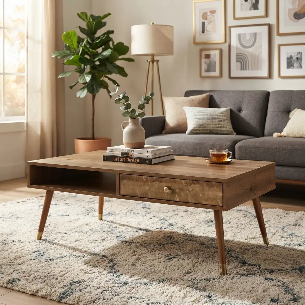 A mid-century modern wooden coffee table with a single drawer and tapered legs, styled in a warm, contemporary living room next to a gray sofa and a potted fiddle-leaf fig.