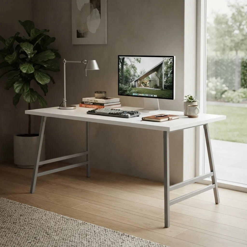 white mid-century modern coffee table with angled silver metal legs and a clean rectangular design