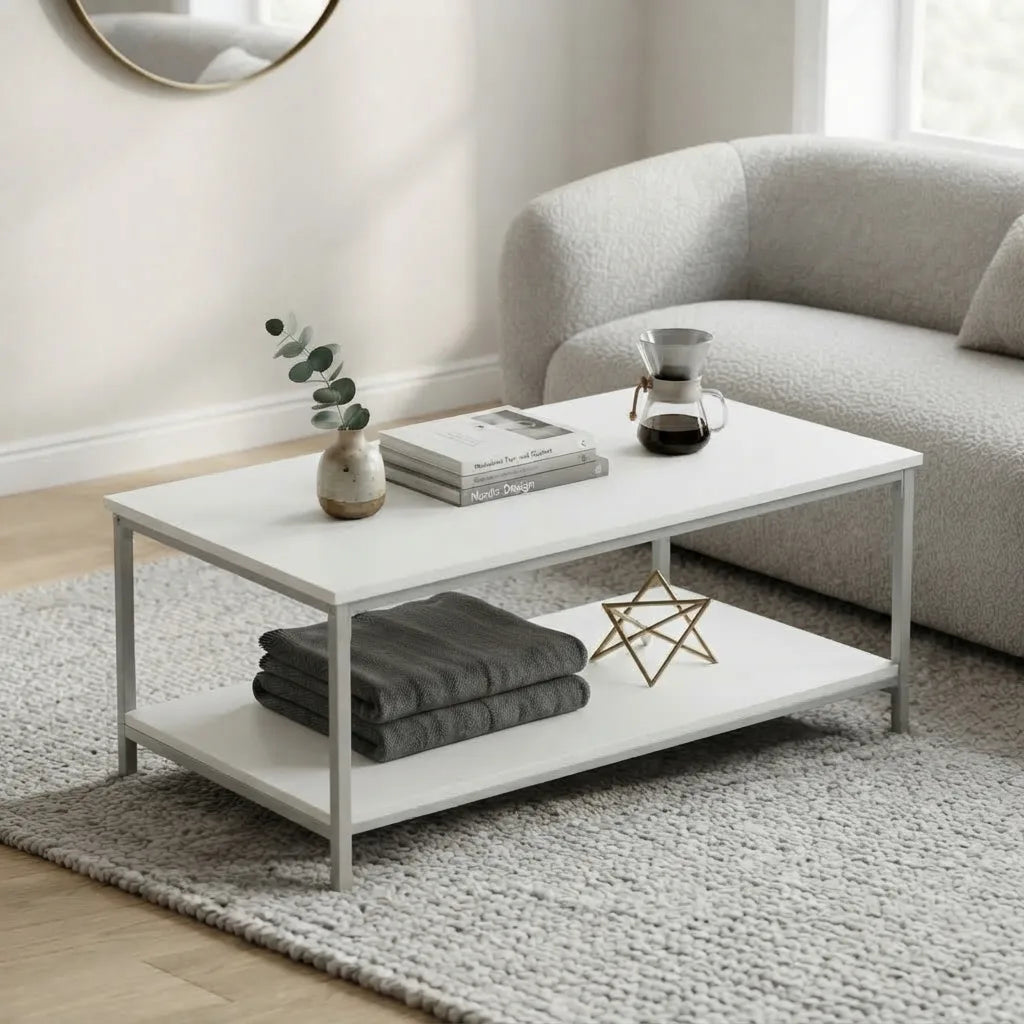 white two-tier coffee table with a sleek laminate finish and sturdy silver metal base, offering modern style and practical display space for living rooms.