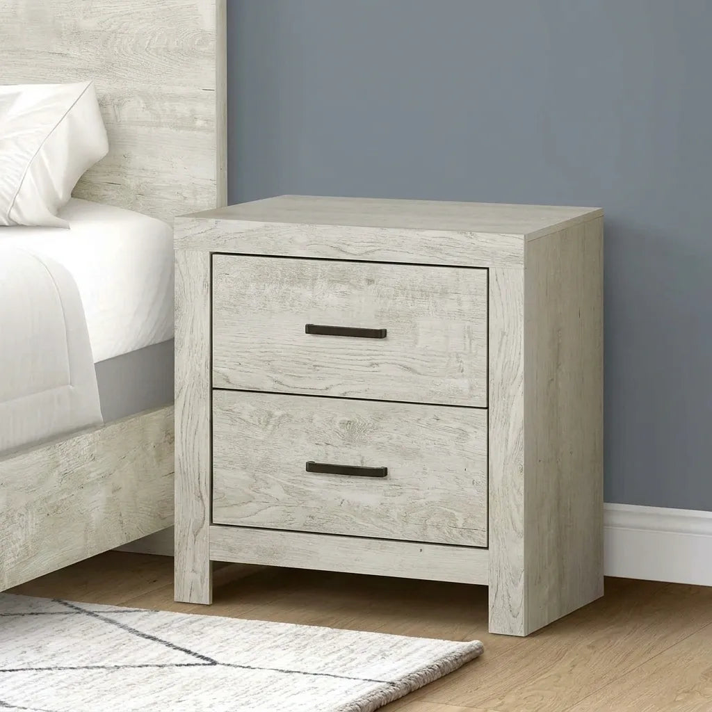 Bleached Oak 2-drawer nightstand with dark metal bar handles beside platform bed
