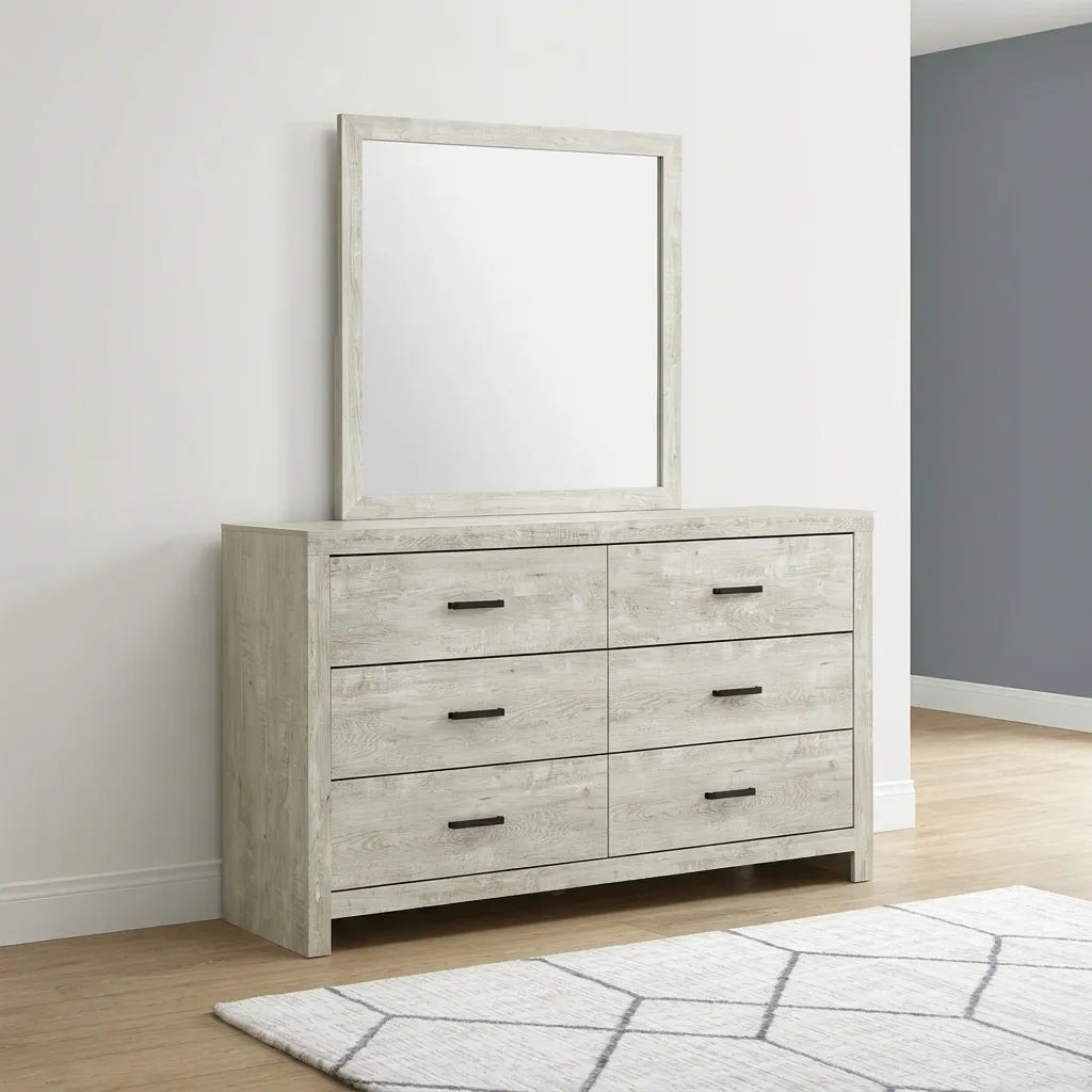 Bleached Oak 6-drawer double dresser with dark metal pulls and matching wall mirror